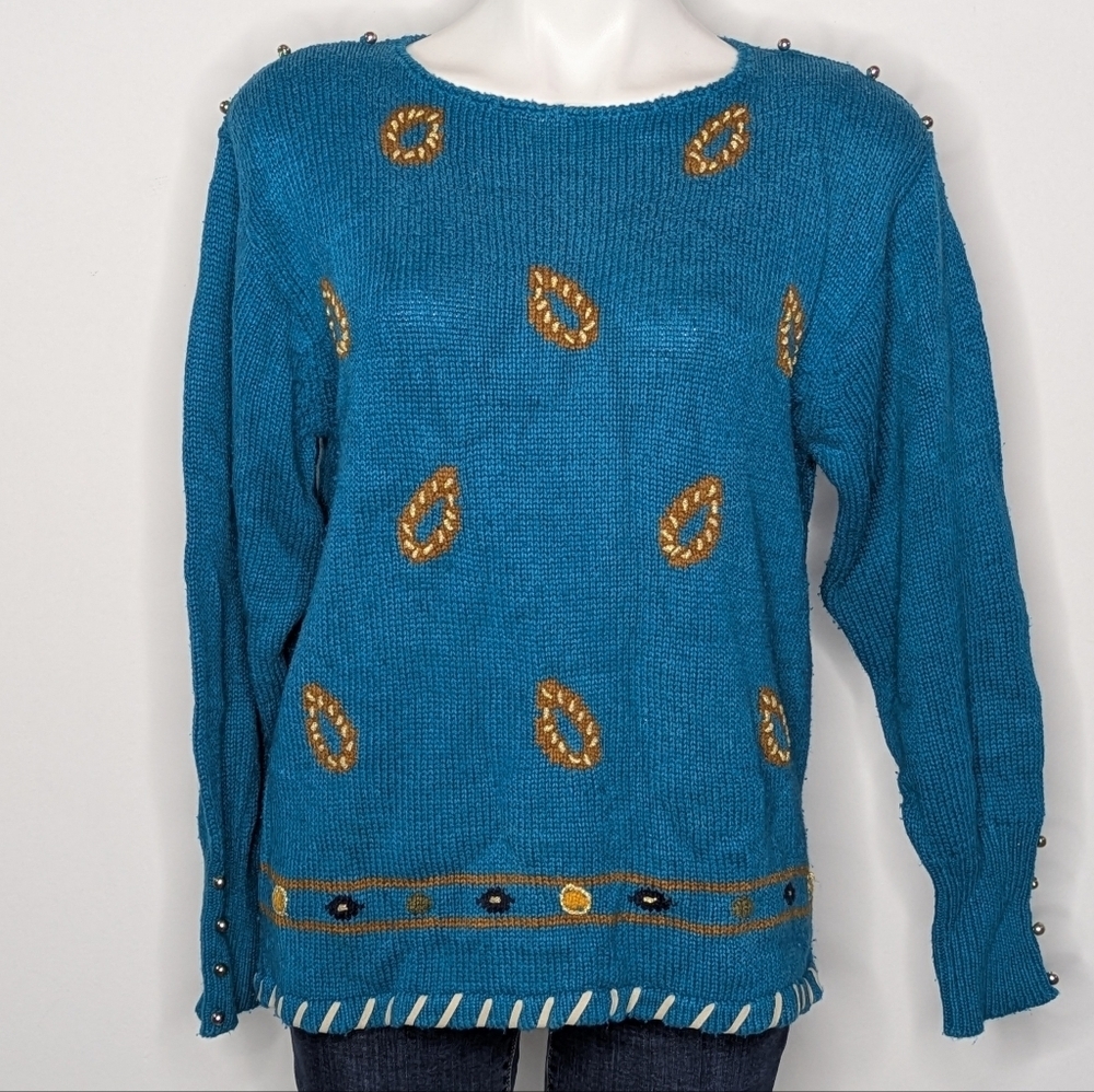 ✨3/$15 Vintage Chaus Blue Brown Silk Blend Novelty Sweater S
